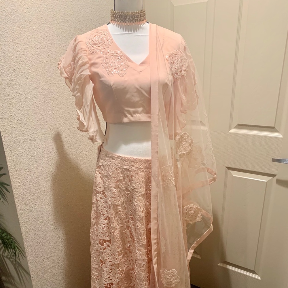 Pink sequins floral lace lehenga lehnga